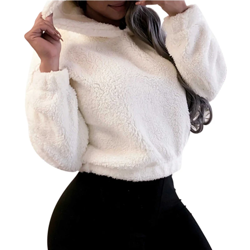 Womens Teddy Bear Ear Faux Fur Hoodies Sweatshirts Ladies Jumper Pullover Crop Tops Winter Warm Hoodie Fluffy Fleece Coat Sweats