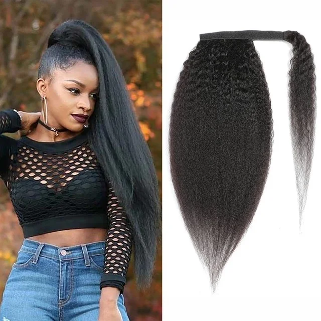 100% Human Hair Pony tails Hair Extensions Double Drawn Natural Wrap Around Drawstring Straight Ponytail Hair