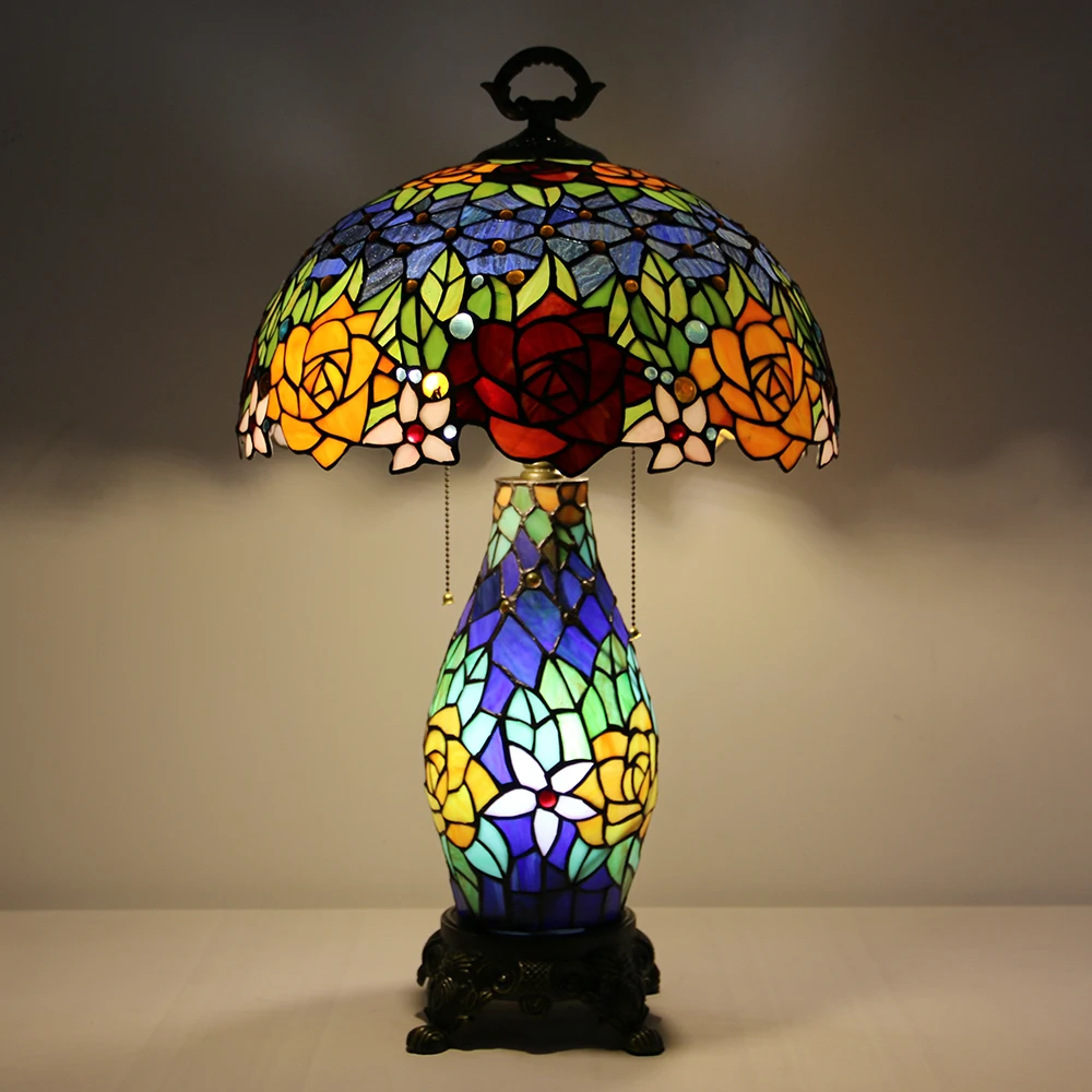 LongHuiJing Tiffany style stained glass table lamp 16Inch lampshade dragonfly LED E27 bulb decor desk lights