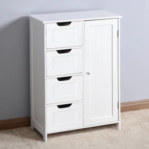 White Bathroom Storage Cabinet, Floor Cabinet with Adjustable Shelf and Drawers