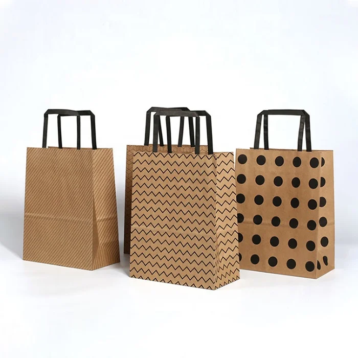 Custom Made Flat Paper Handles Brown Takeaway Fast Food Kraft Paper Bag For Restaurant Packaging