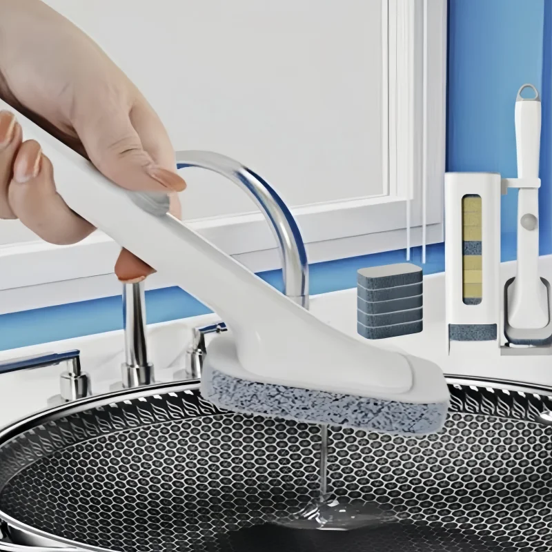 Automatic Liquid Adding Long Handle Pot Brush Kitchen Cleaning Brush Set with Replaceable Disposable Emery/Scouring Pad Head