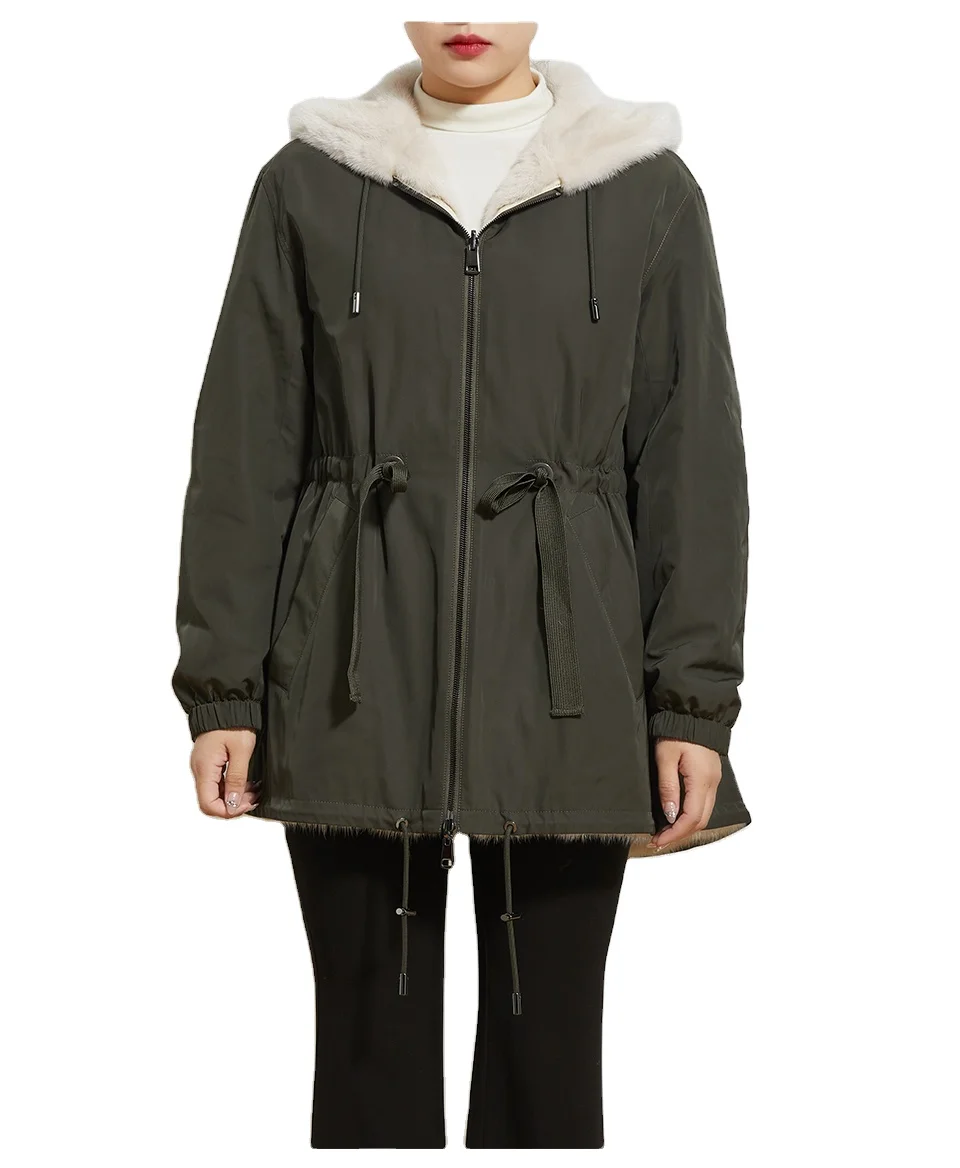 Fashion Women Winter Warm Mink Fur Coat Drawcord At Waist Reversible Hooded Outwear