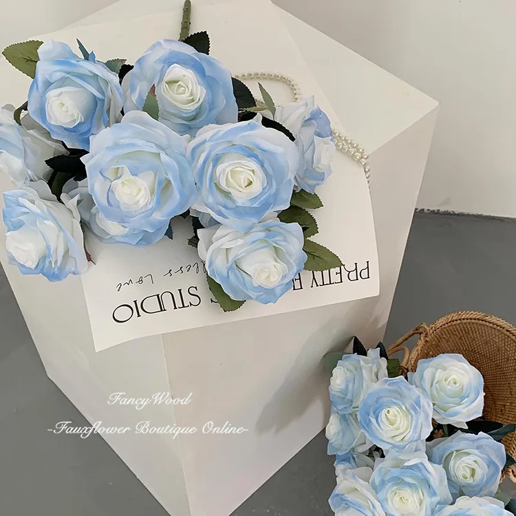 Ice blue artificial rose flowers for shopping mall decoration