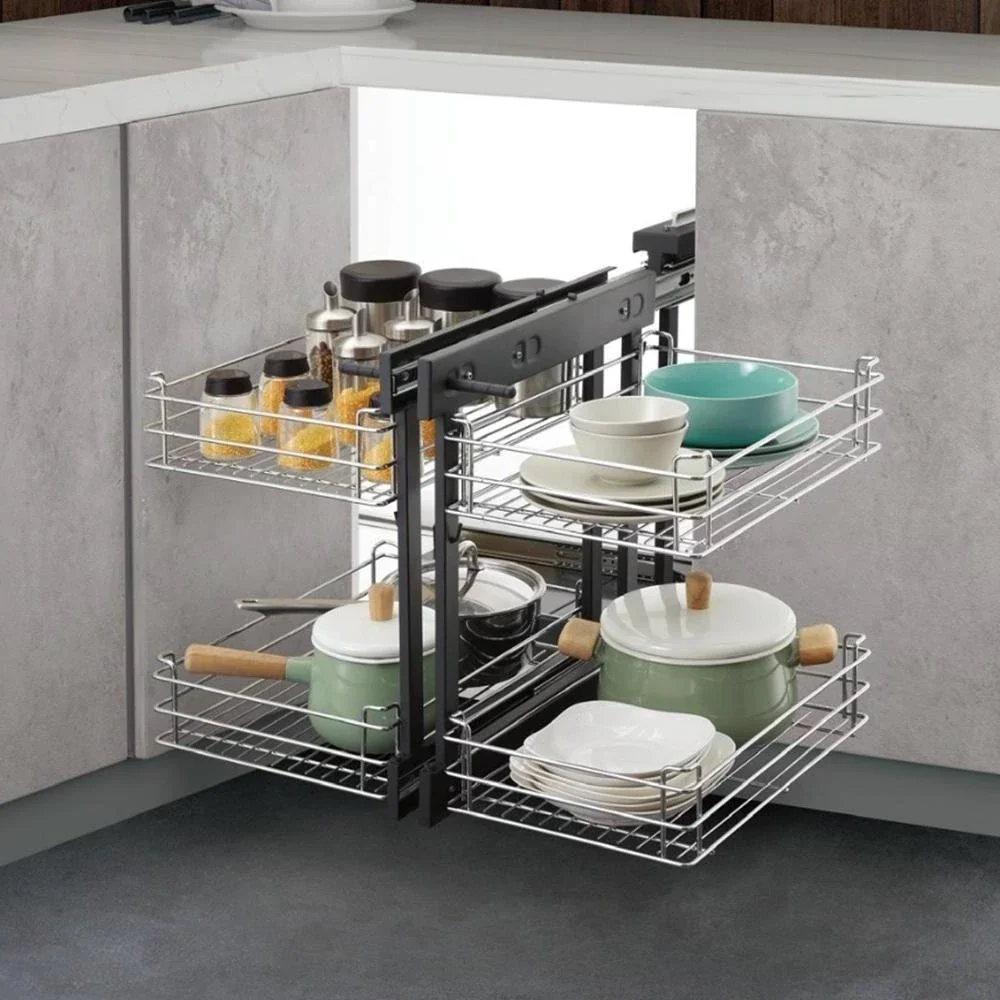 Hidden Pantry Cabinet Stainless Steel Wire Basket Kitchen Save Space Magic Corner Storage Pull Out Basket