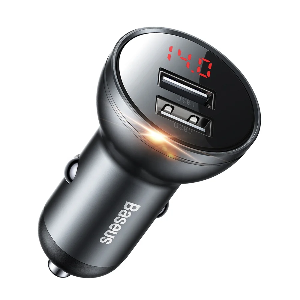 
Baseus USB Car Charger 24W 5V4.8A Metal Mini Dual USB Fast Car Charger Adapter with Digital Display for iPhone, Samsung and More 
