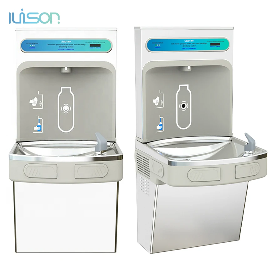 Public Stainless Steel Wall Mounted Cold Water Drinking Fountains Refrigerated Fountain Water Bottle Filling Refill Station