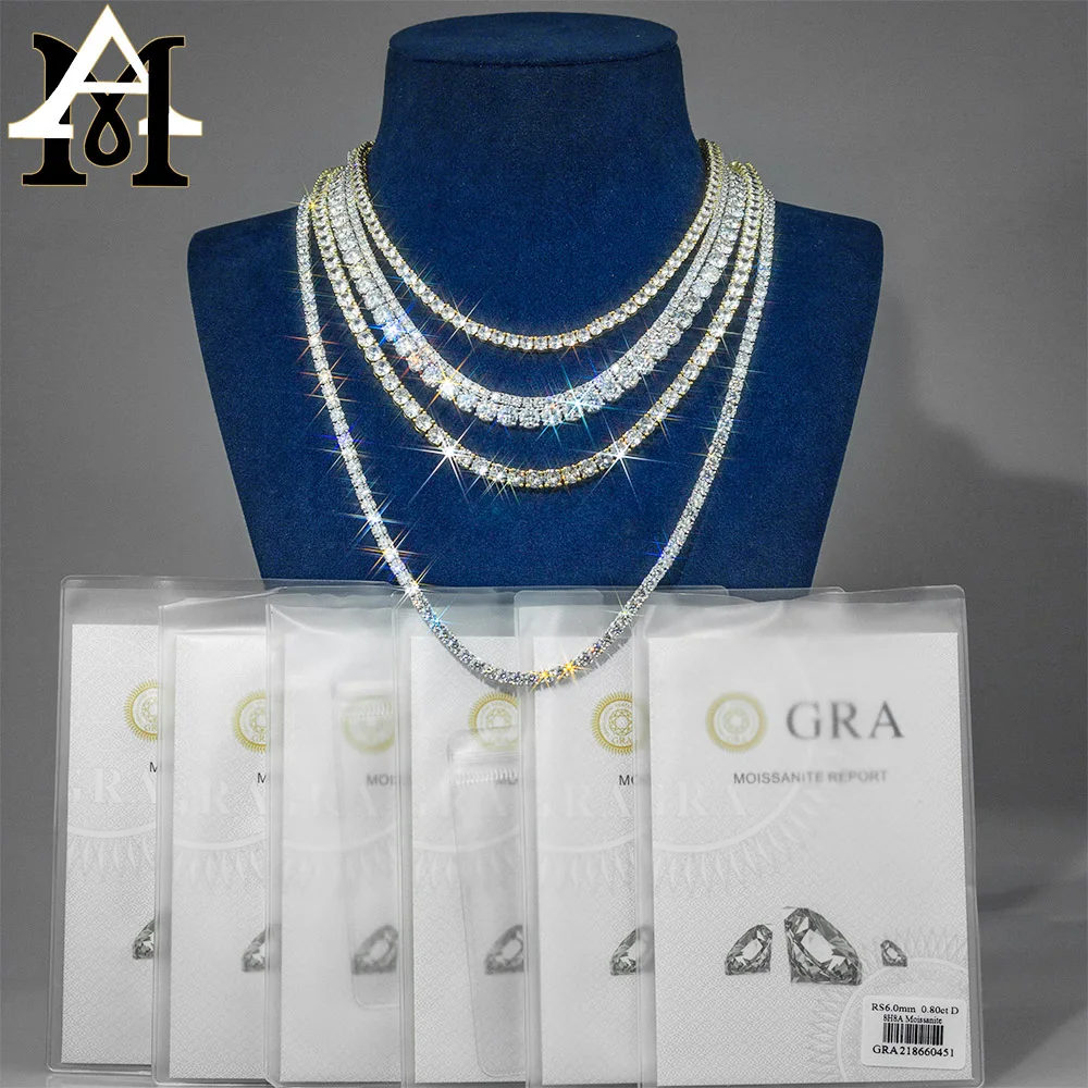 Pass Diamond Tester Large Stock Hip Hop Jewelry 2.0mm-6mm VVS Moissanite Diamond 925 Silver Iced Out Tennis Chain Necklaces