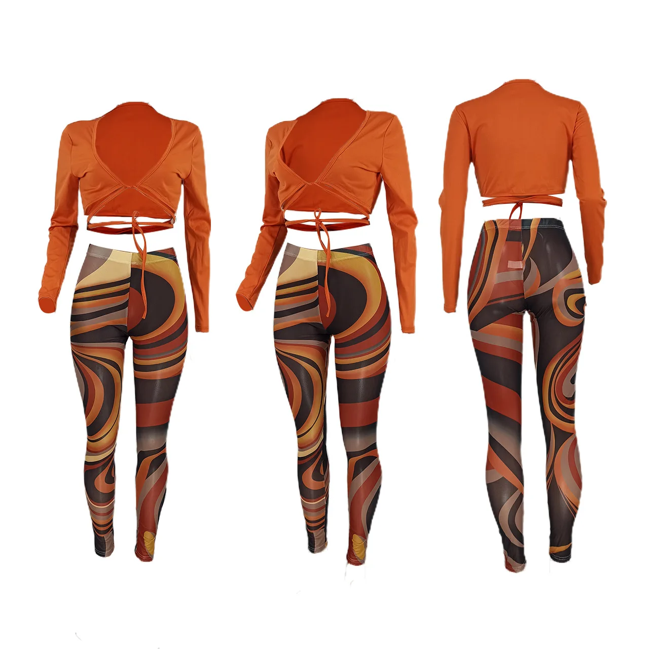 2021 Fall Fashion Women Clothes Sexy V Neck Bandage Crop Top 2 Piece Print Mesh Legging