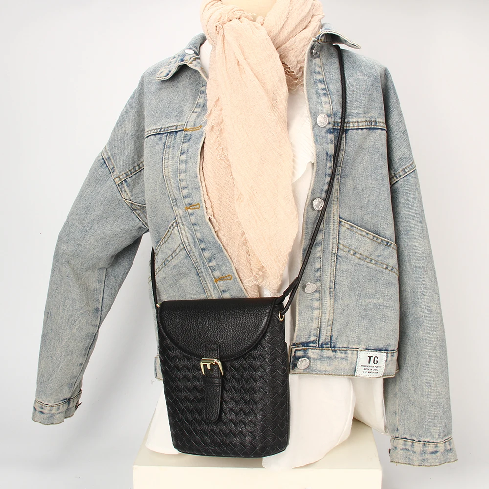 Customized ladies bag Handmade Crossover woven Shoulder Sling Bags Flip bucket bag Real Leather Cross body Purses for Women