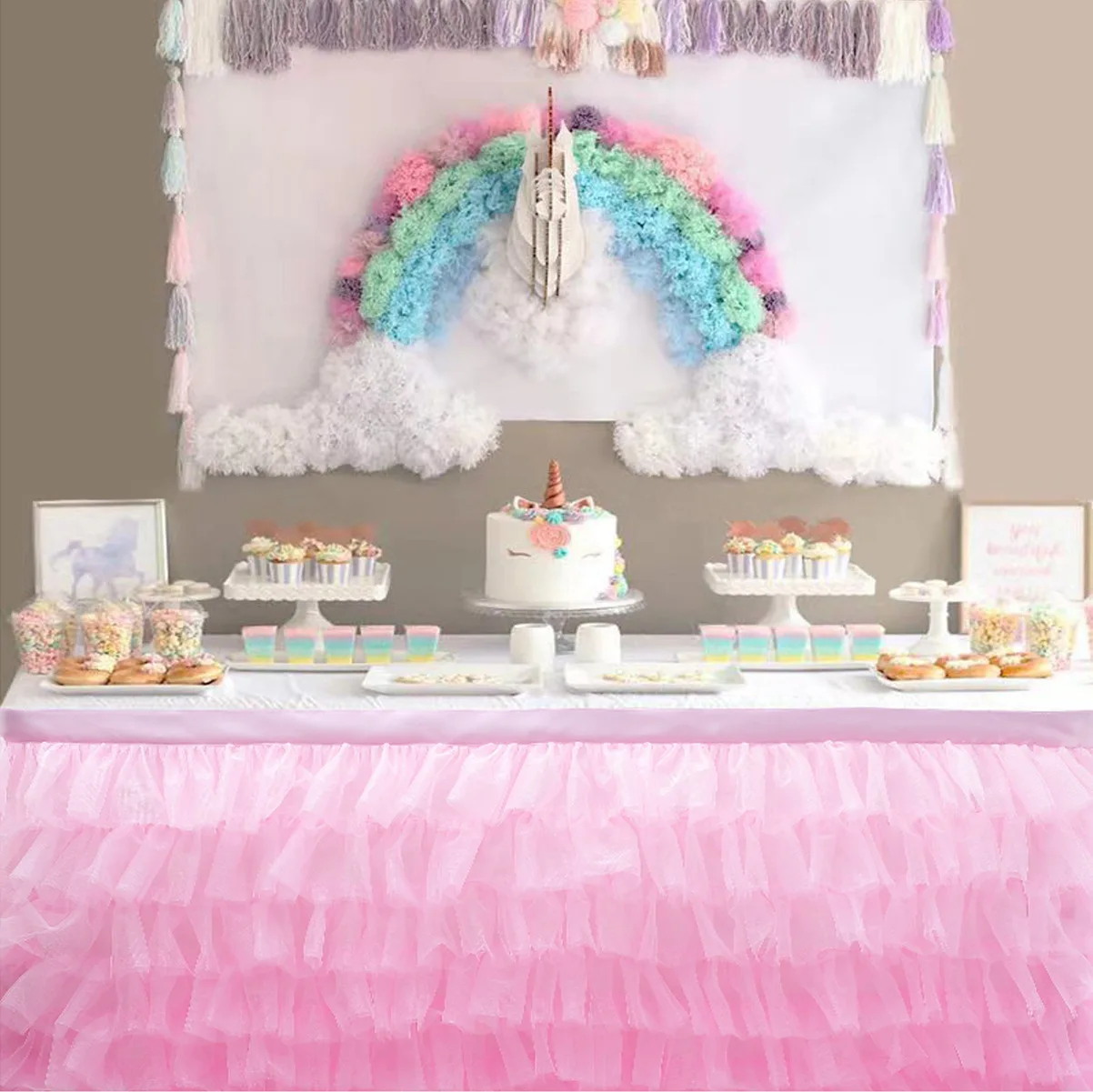Rainbow Tulle Table Skirt Tutu Tablecloth for Baby Shower Birthday Party Decoration Table Skirt for Rectangle and Round Tables