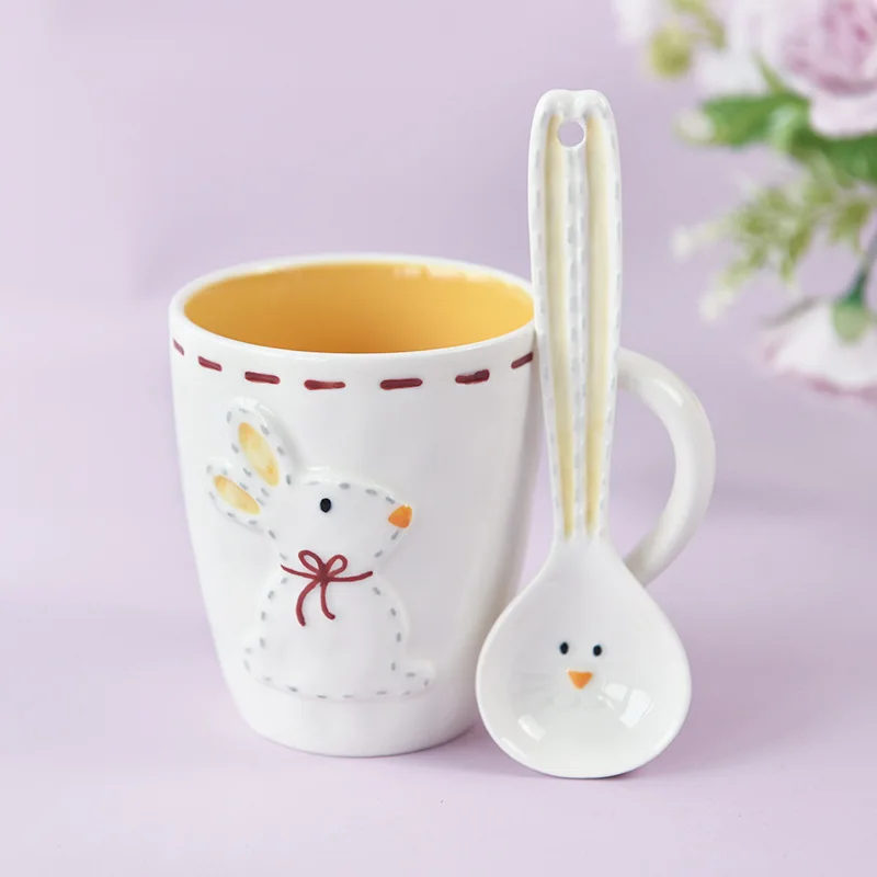 Custom Stoneware relief 3D cartoon cup ceramic mug rabbit household  ritual sense breakfast coffee milk cup