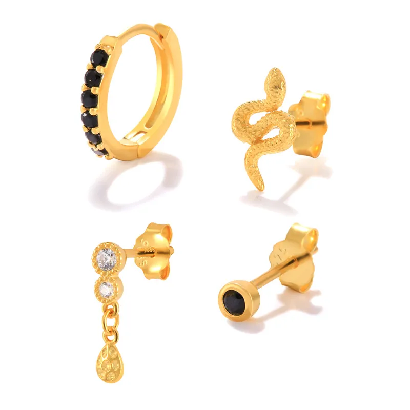 QLEESI Women Jewelry S925 Sterling Silver White Black Diamond Snake Shape Hoop Stud Earrings Set