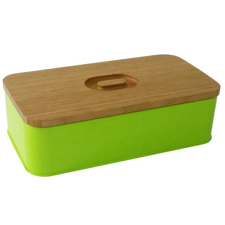Vintage Design Rectangular Color Coated Steel Bread Storage Box with Bamboo/ Wood Lid Metal Bin