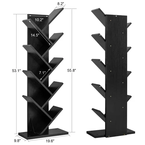 Wooden Display Storage Bevel Edge Bottom Board 9 Shelf Tree Bookcase for CDs & Books