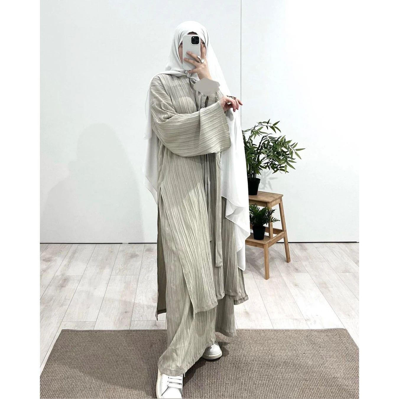 2 Piece Pleated Stripe Set Islamic Clothing Women Modest Abaya Loose Split Side Tunics Oversize Skirts Baju Kurung