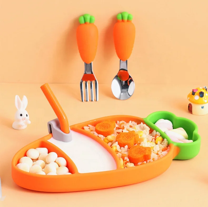 The Most Popular Cute Easy to Clean Food Grade Silicone Baby Plate with Fork and Spoon