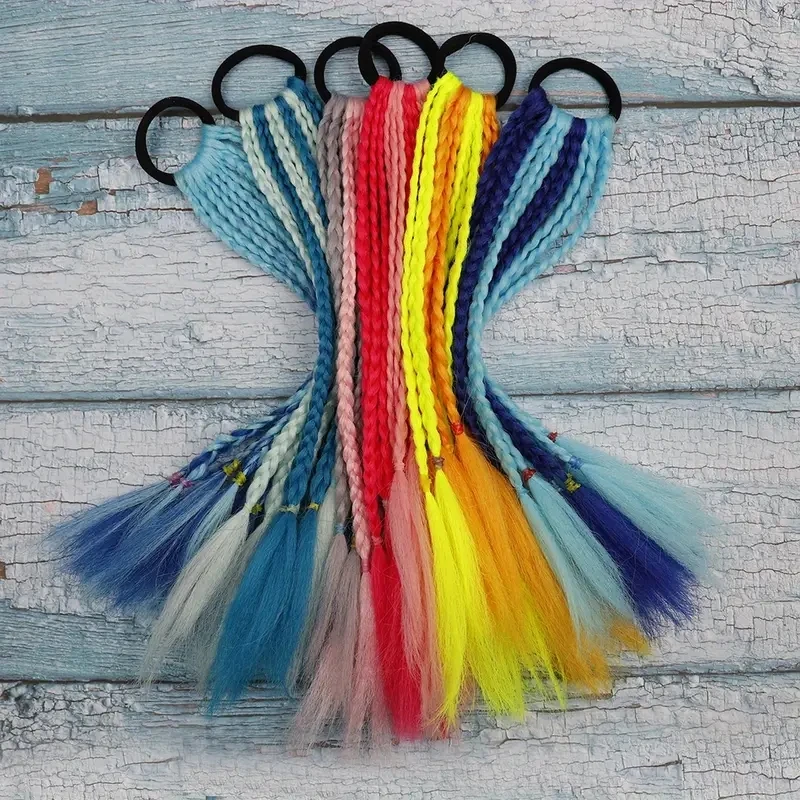 Little Girls Child Twist Braids Elastic Hair Rope Rubber Band Gradient Colorful Braided Ponytail Hair Extensions for Kids