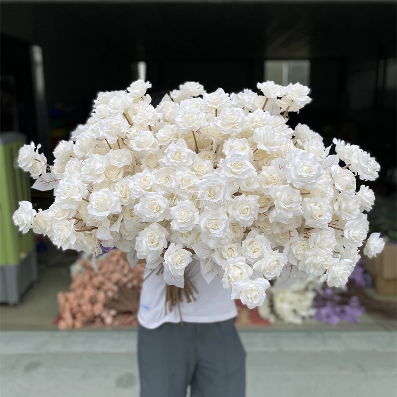 D-SR001 white rose cheap long stem 5 heads silk roses  artificial flowers for wedding home decor flower arch