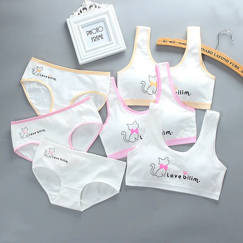 Hot selling junior bra set girls underwear set padded cotton vest bra and panties sport teenage bra set