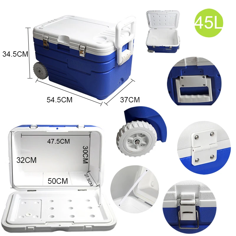 Wholesale 45L PU large transport refrigerated fresh outdoor picnic fishing portable handle cooler box