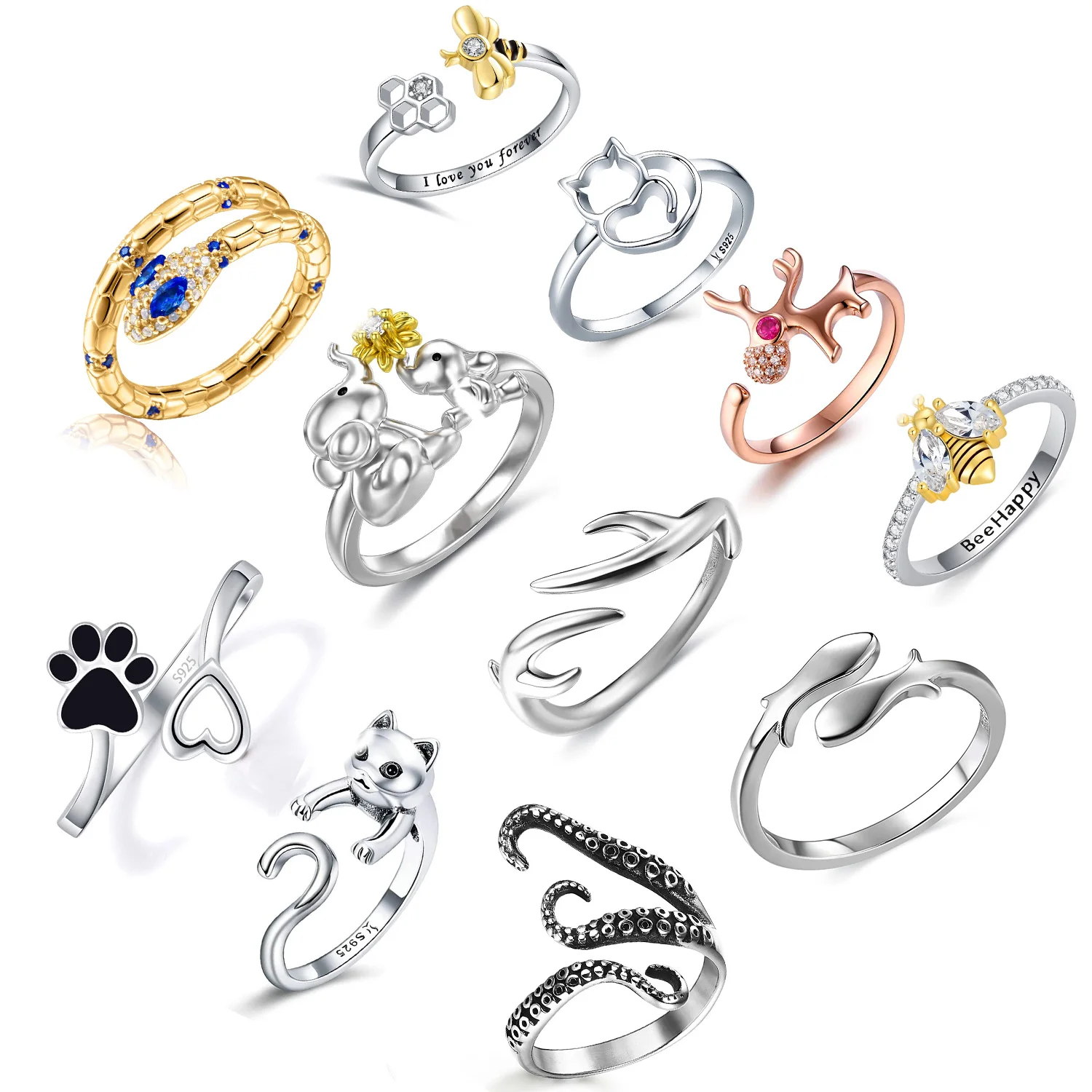 Bee Deer Antler Animal Open Bunny Tortoise Octopus Adjustable Elephant Fish 925 Sterling Silver Lion Cat Cute Snake Pigeon Ring