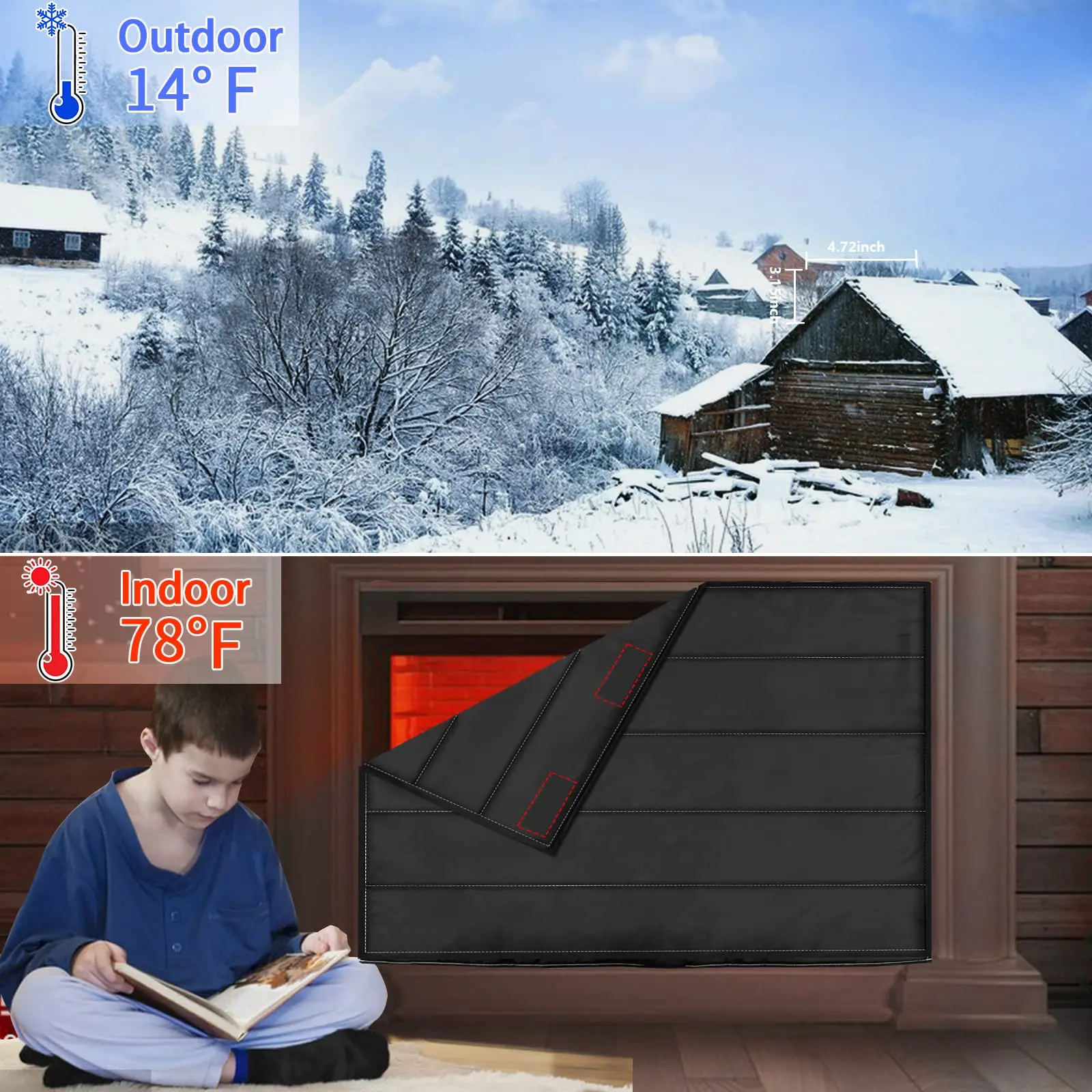 Draft Stopper with  Hook-And-Loop Fasteners Magnetic Fireplace Blanket Blocker Stops Heat Loss Indoor Fireplace Covers