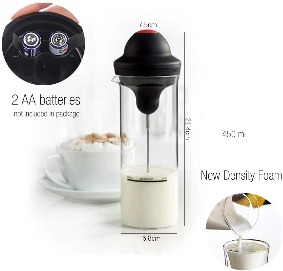 HIgh quality stock glass AA battery powered electric 304 stainless steel handheld automatic milk frother