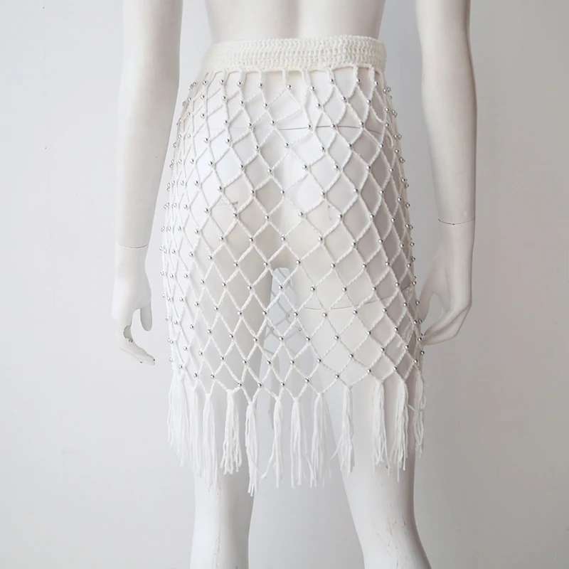 
Europe Custom Hot Sexy Diamond Weave With Bead And Tassel Details Cover Up Bikini Stretch Crochet Pencil Midi Skirts Women 