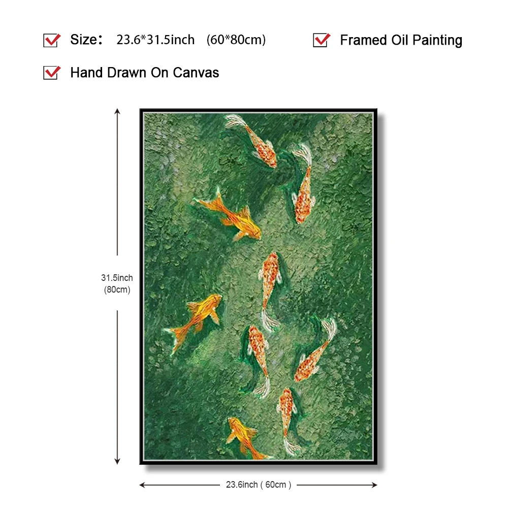 100% Authentic Handmade Abstract Oil Painting Green Theme Goldfish in Fish Pond Home Wall Art Decoration