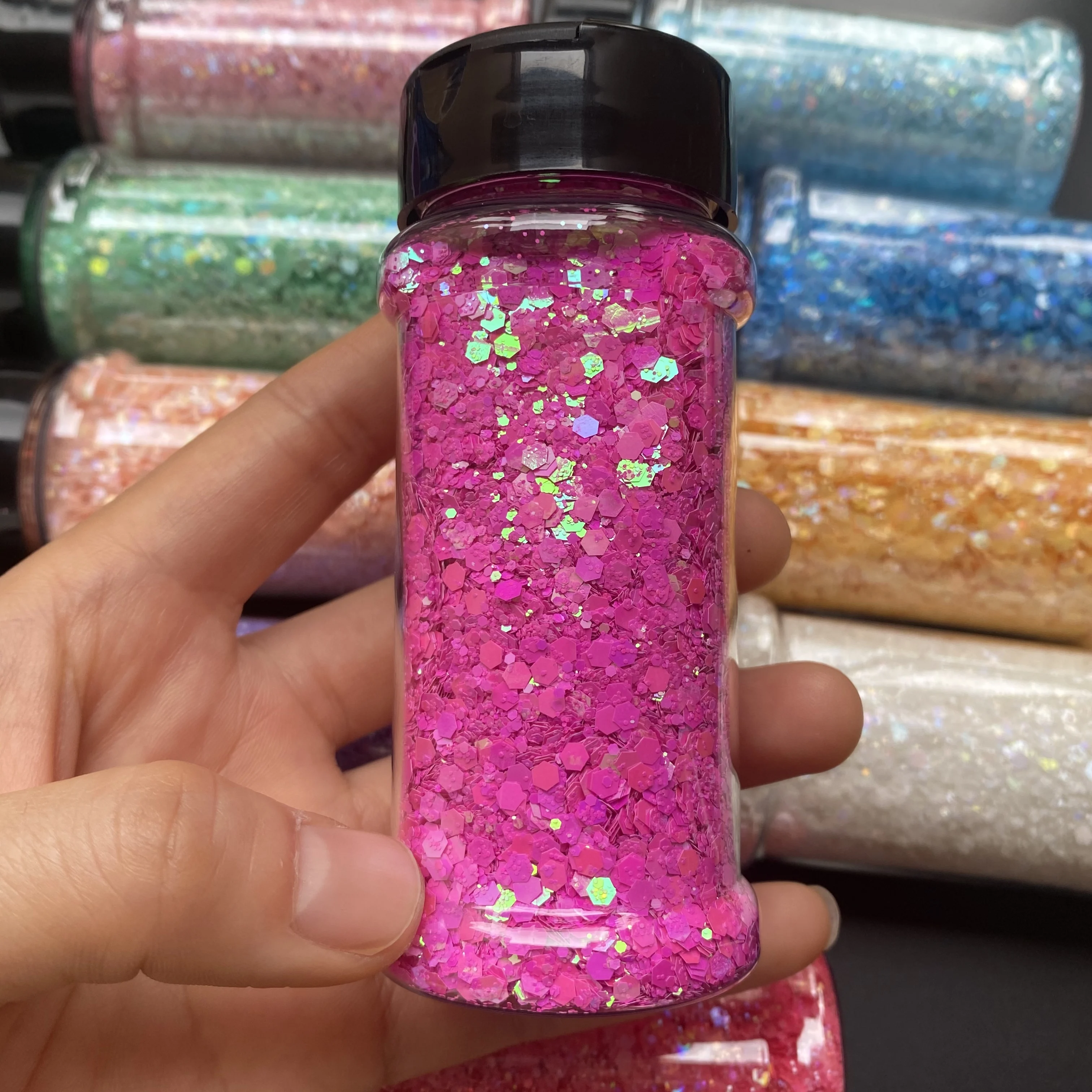 Hot Sale Holographic Rainbow Glitter Bulk 2oZ Shaker Cosmetic Nail Craft Glitter Flakes