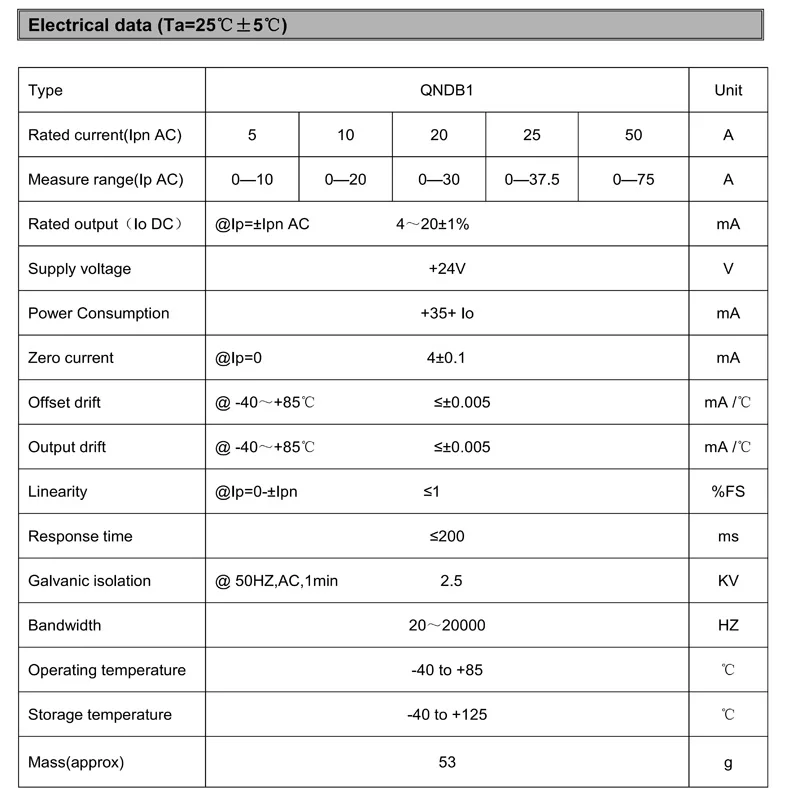 Hall effect current sensor QNDB1 AC 5A 10A 15A 20A 25A 30A 40A 50A DC 4 20ma current transducer Split Core Current Transformer
