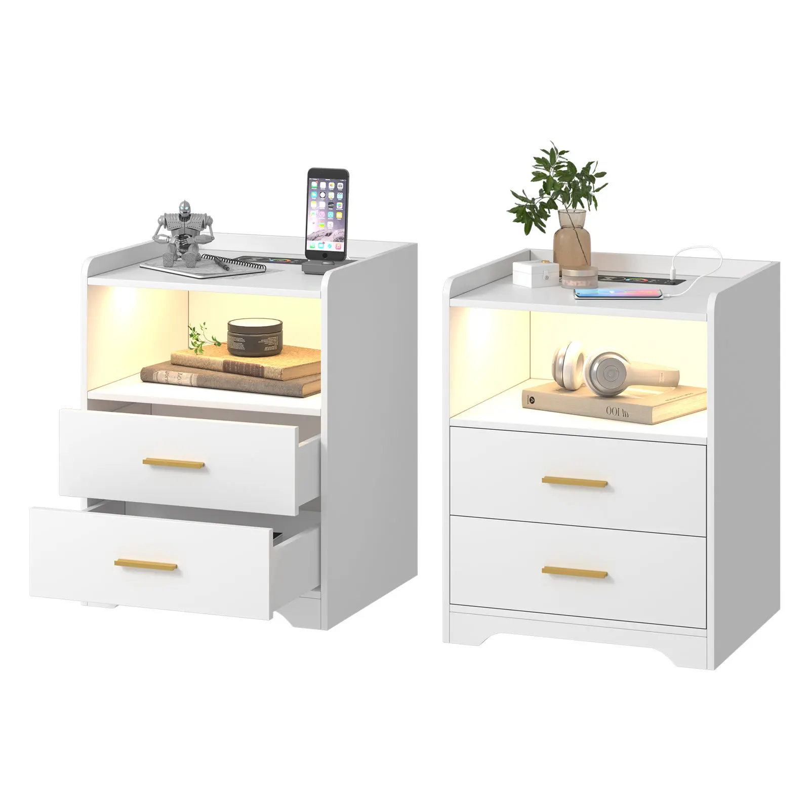 Custom Wholesale Led Nightstand With Charging Station And Two Drawers Multifunctional Nightstand For Bedroom And Living Room
