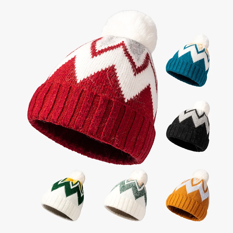 Hot Selling Fashion lady Thick Winter Knitted skull cap Jacquard patterns Fur Pom Pom  beanie hat for women
