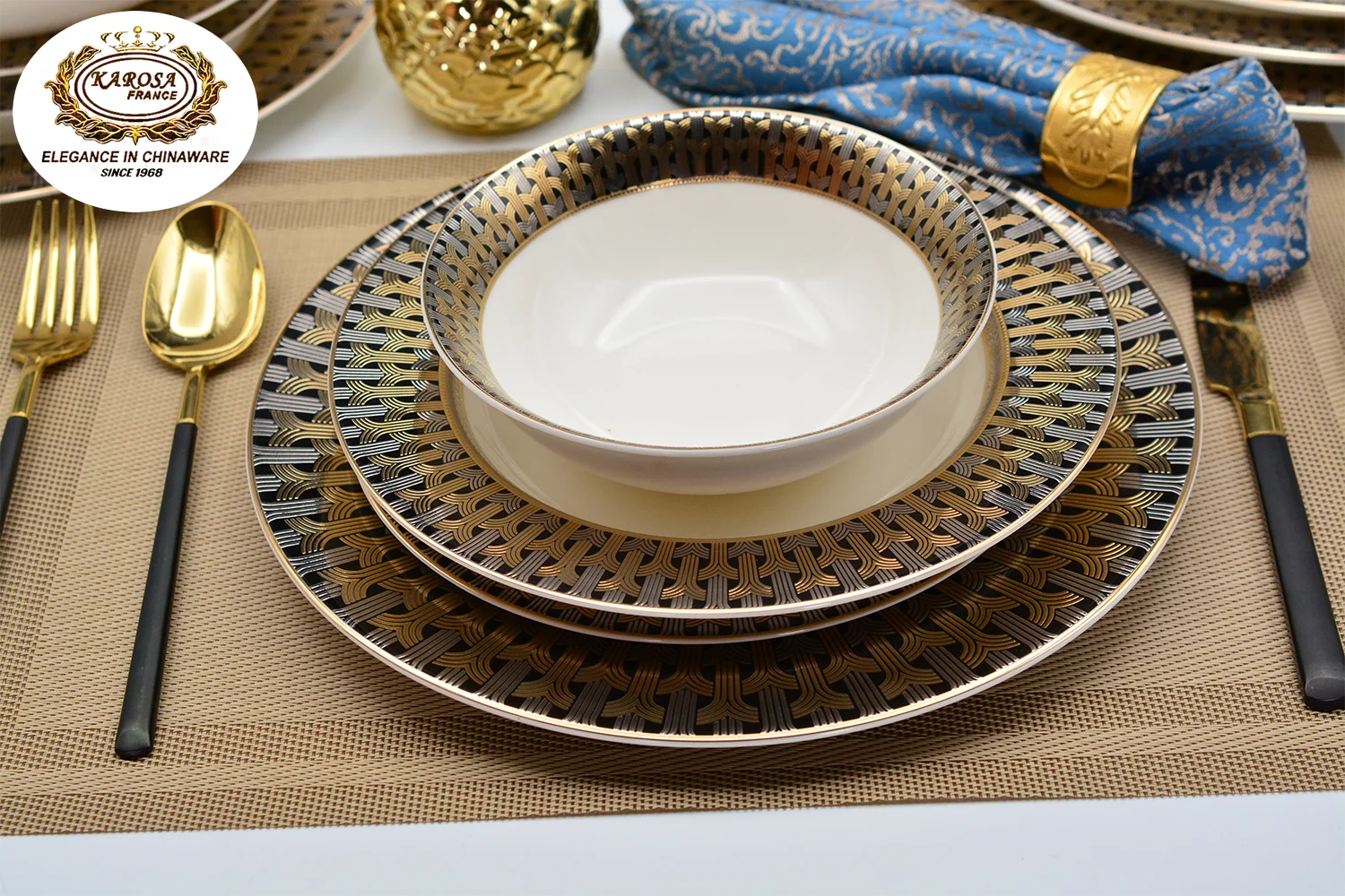 karosa 56pcs luxury embossed gold with silver design royal style bone china porcelain tableware dinnerware dinner sets