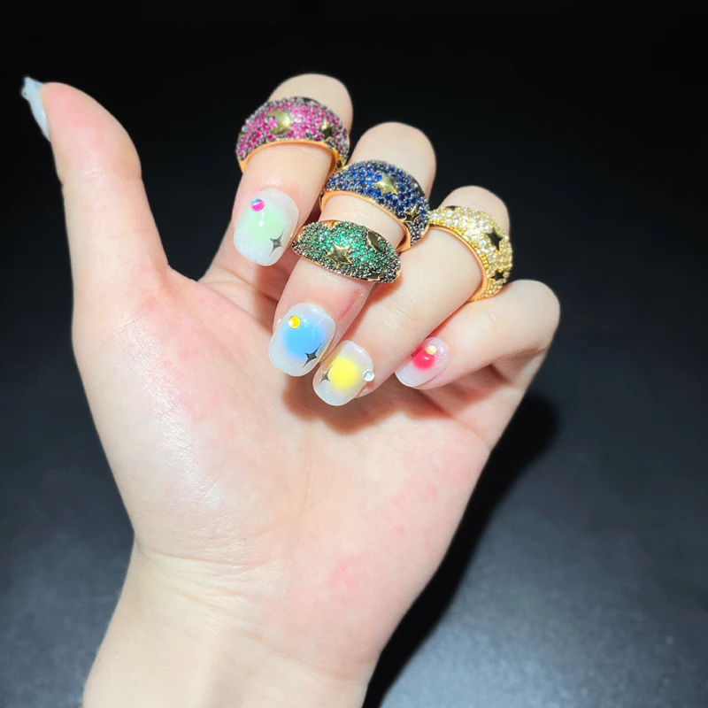 Moon Star Zirconia CZ Women Finger Chunky Band Rings 18K Gold Plated Ring Jewelry Accessories