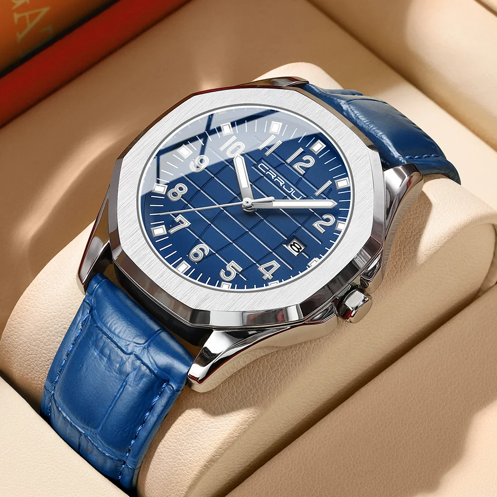 CRRJU  original factory waterproof leather strap  alloy case luminous  blue black Japan quartz watch for men reloj