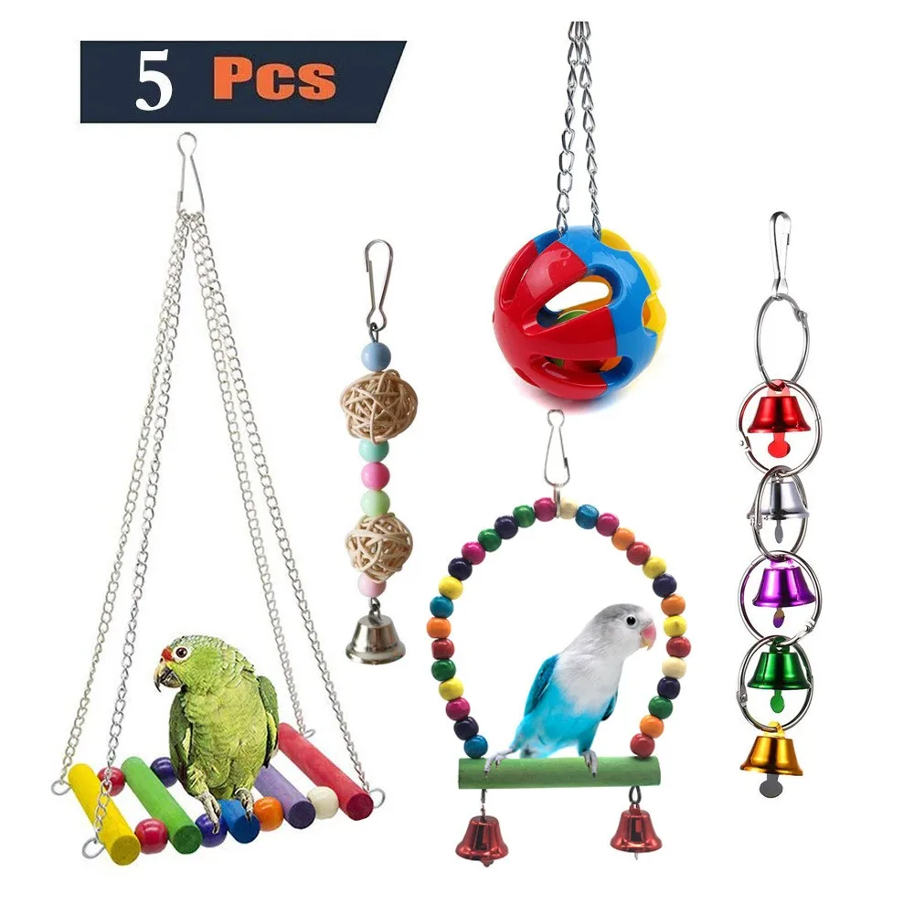 5Pcs Pet Bird Climbing Swing Toys with Colorful Pendant Bells and Parrot Wooden Hammock Hanging Perch Decorative Accessories