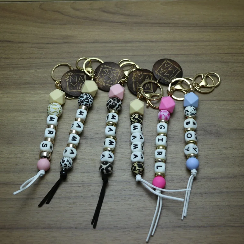 9 Colors Factory Wholesale Women Bag Pendant Keychain Silicone Bead MAMA Keychain with MAMA Disc Tag