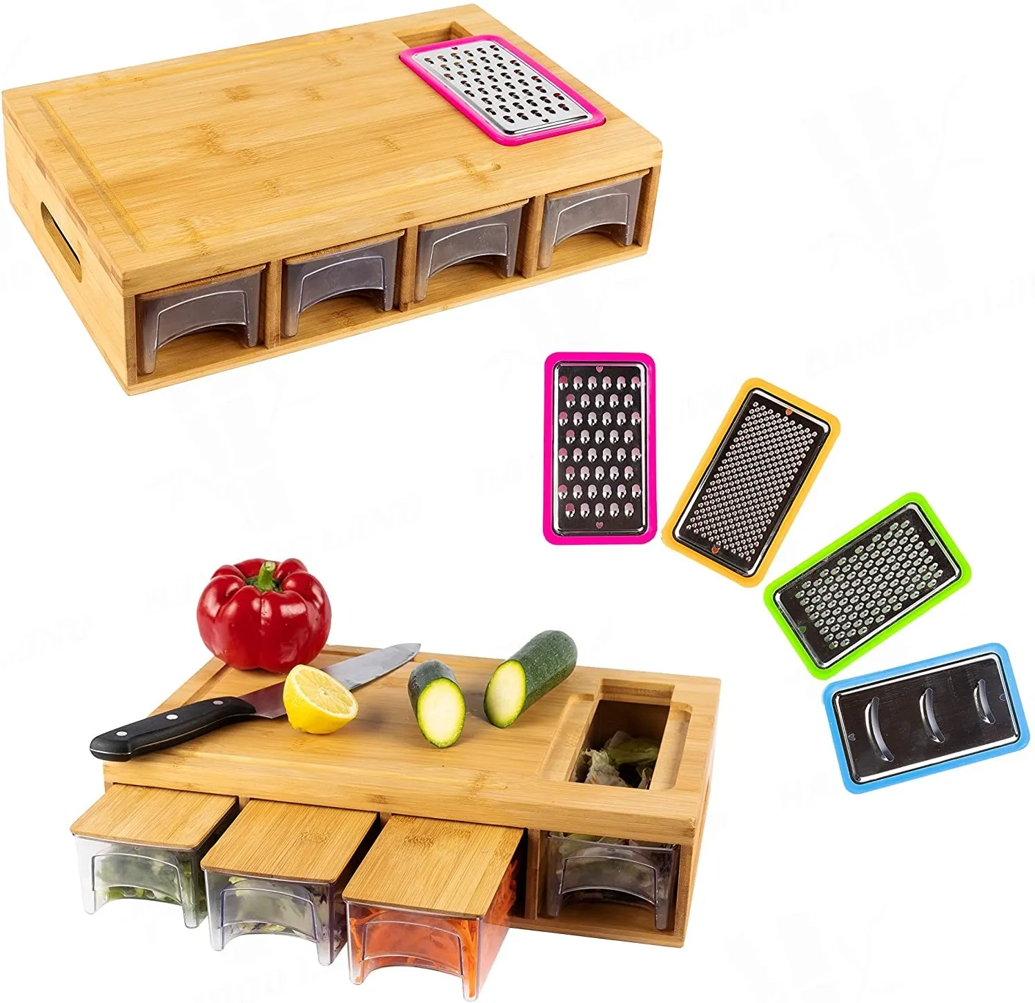 Rectangle Bamboo Chopping Block Cutting Board Set With 4 Trays Drawers Containers