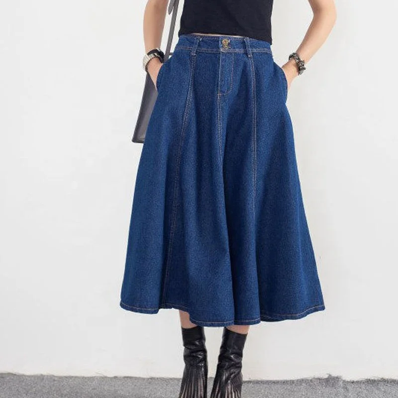 Long Denim Skirt Women Vintage High Waist Patchwork Pencil Long Jean Skirt Side Split Denim Skirt