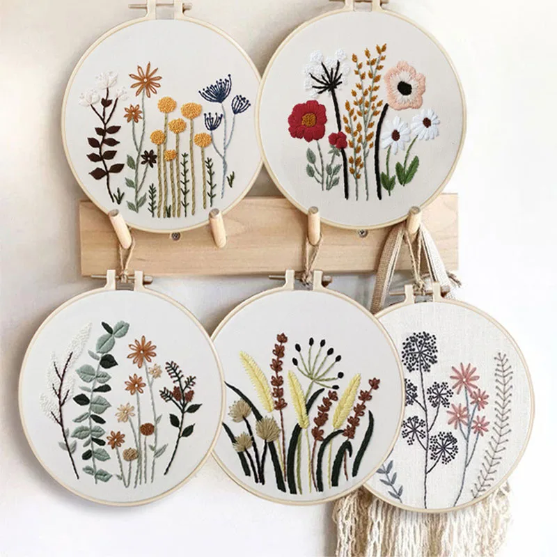 DIY Embroidery Starter Kit Floral Pattern Stamped Fabric for Adult Beginner Cross Stitch Kits with Hoop Instruction Color Thread