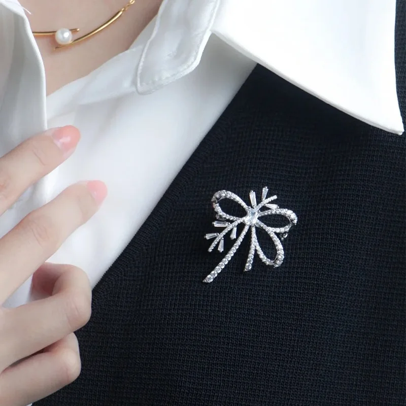 luxury fashion fine jewelry 925 Sterling silver 18K Real Gold Plated Zircon Bow Ribbon brooches for women