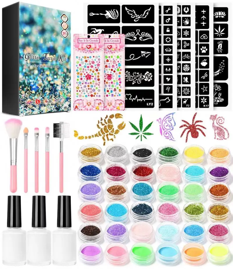 DIY Temporary Glitter Tattoos Kit for Kids 24 Glitter Colors Stencil Stickers Temporary Tattoo Toys