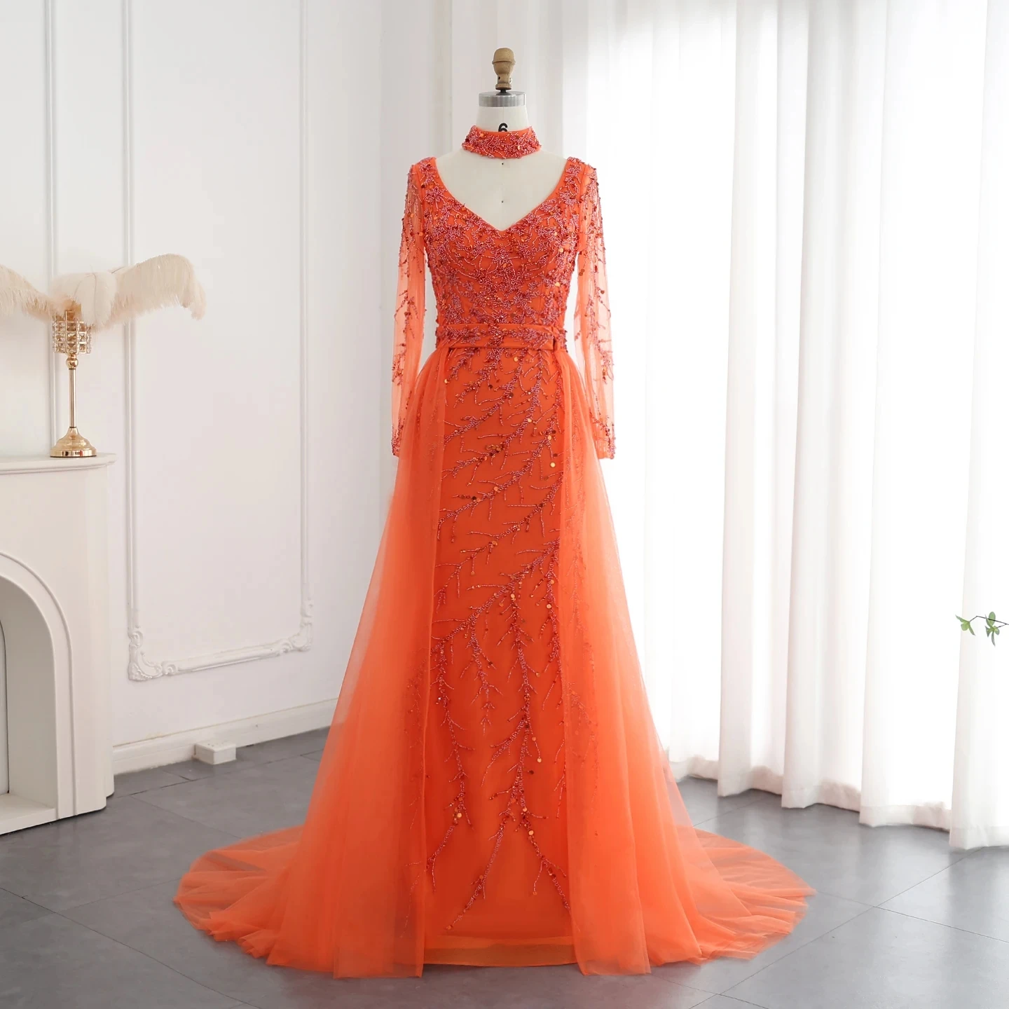 Luxury Beaded Mermaid Orange Evening Dress