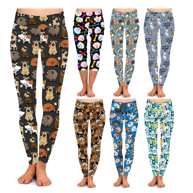 Factory wholesale small MOQ mix design peach skin buttery soft women dog printed leggings