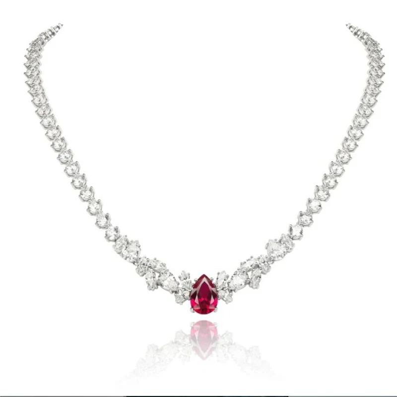 Super luxury large carat ruby necklace, 925 silver red corundum main stone +5A white zircon, electroplated white gold