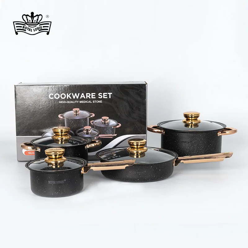 Factory wholesale 8 pieces pot set black granite cookware set marble non stick coating sauce pan stock pot frying pan