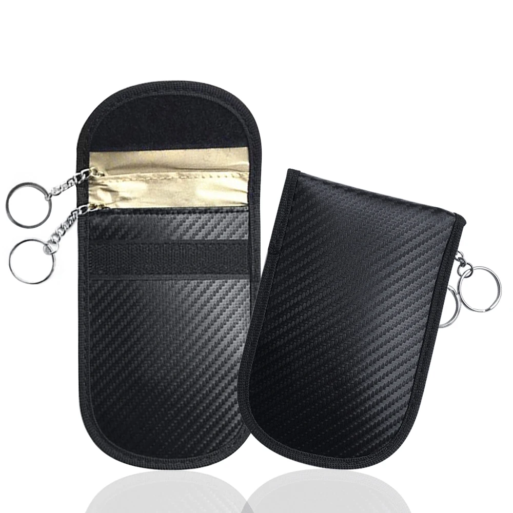 Customized Carbon Fiber Car keyless Faraday Bag with 2 Key Rings, Upgrade Fashion Anti Hacking Car Key Wallet Faraday Pouches