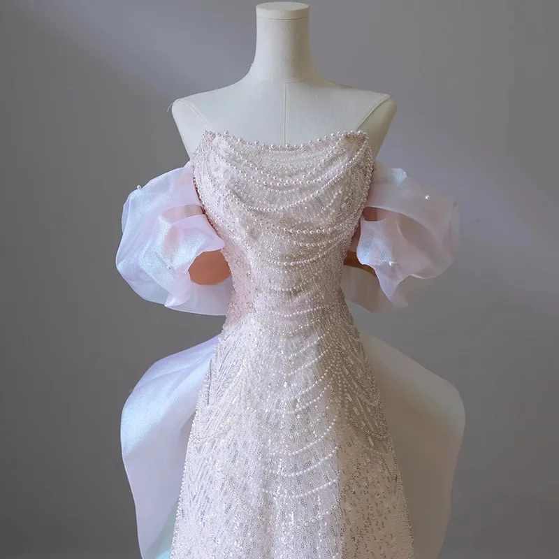 ZX-2029 High Quality One-shoulder Pearl Beaded Lace Wedding Dress Sequin Bridal Engagement Evening Dress With Detachable Train